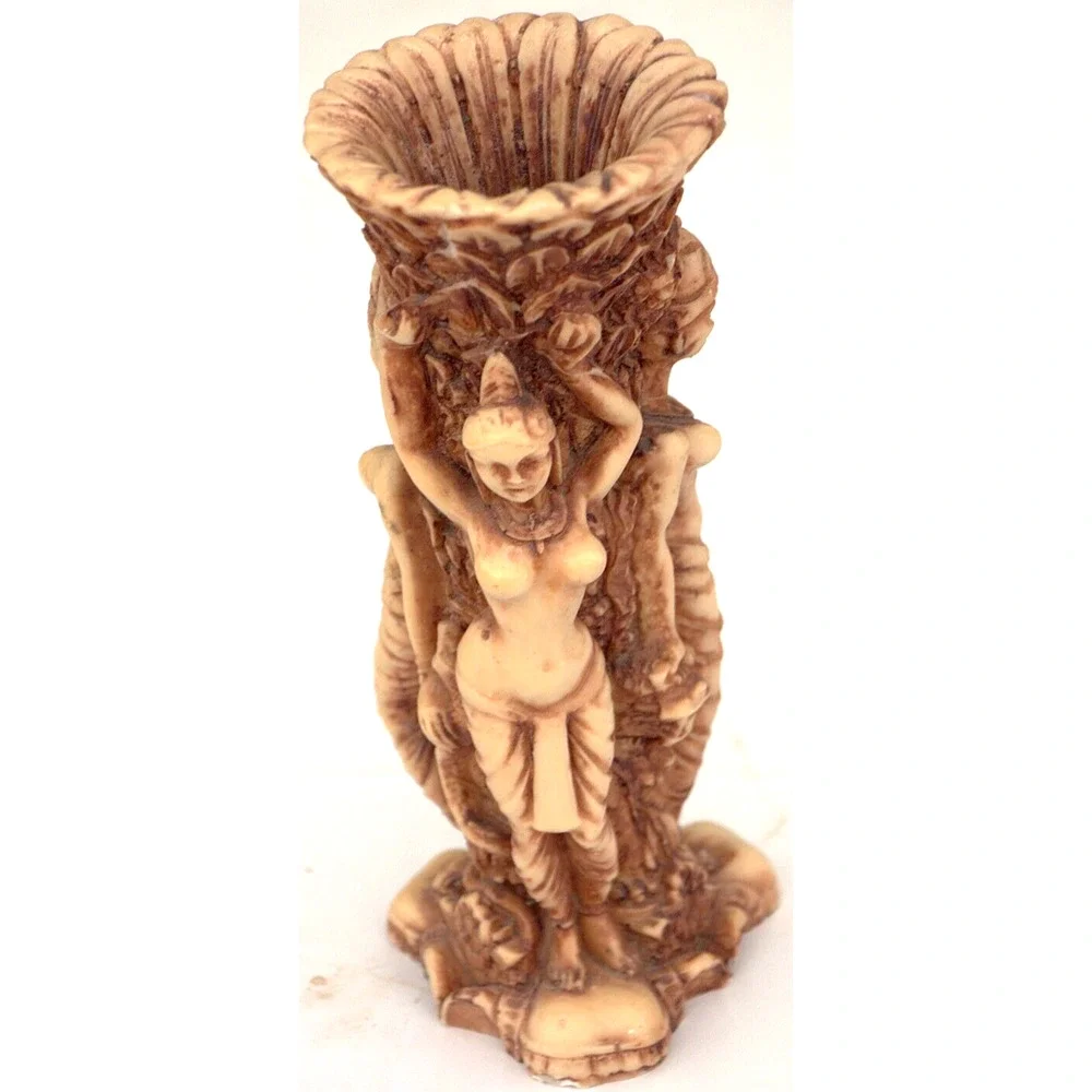 Carved Ethnic Art Vase Decorated in Plants Animals & Dancing Topless Ladies